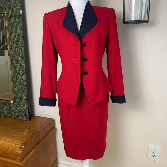 Vintage Kasper Size 4P Skirt Suit w/ Blazer Jacket Set Red Black Career Holiday - Picture 1 of 9